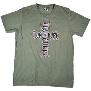 LiF Apparel Faith Love Hope Family Cross Graphic Tee Womens Large Green Shirt